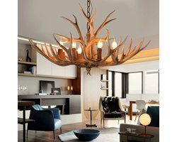 Milova Kroonluchter - Hanglamp - Gewei - Hout - Hars - 6 lichtbronnen - 90-260V - Keuken - Woonkamer - Slaapkamer