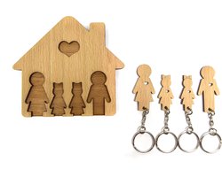 MiMi Innovations® Sleutelhouder van hout met 4 sleutelhangers - Sleutelrek - Wandmontage - Decoratief - Familie met 2 Dochters
