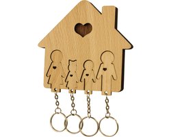 MiMi Innovations® Sleutelhouder van hout met 4 sleutelhangers - Sleutelrek - Wandmontage - Decoratief - Familie met Zoon en Dochter