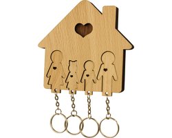 MiMi Innovations® Sleutelhouder van hout met 4 sleutelhangers - Sleutelrek - Wandmontage - Decoratief - Familie met Zoon en Dochter