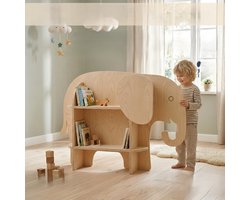 Mimi Kinderboekenkast Olifant – Montessori Boekenkast Kind – Houten Speelgoedkast – Opbergkast Kinderkamer – Duurzaam Hout – 120x90x25 cm