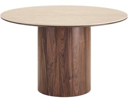 Minamata eetkamertafel Ø120cm, keramisch tafelblad travertin, walnootdecor.
