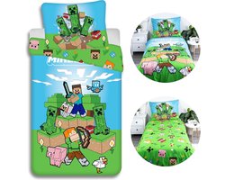 Minecraft Set van KATOENEN beddengoed, beddengoed met ritssluiting VOOR GAMERS 140x200 cm, Oeko-Tex