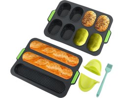 Mini-baguette bakplaat siliconen grijze muffinvorm - set van 2 met solatiehandclips en oliekwast