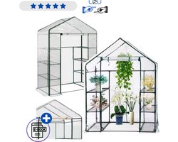 Mini balkon kas 195x143x73 cm met 4 metalen planken, compacte foliekas voor balkon terras en tuin, transparante PVC kas met ritsdeur en stalen frame, ruimtebesparende kweekkas voor planten kruiden en groenten eenvoudig te monteren Met Ebook