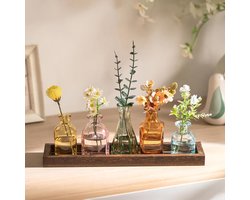 Mini-bloemenvazen set met houten dienblad voor tafeldecoratie - glazen bloemenvazen in 5 kleuren - tafelversiering voor verjaardagen en jubilea