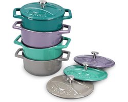 Mini Cocotte pannenset - 4x braadpan klein met deksel - braadpan gietijzer ovenvast - Braeter Pot ronde stoofpan