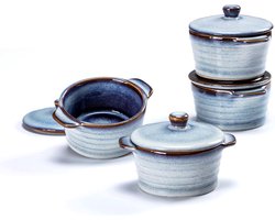 Mini Cocotte Porselein, Keramische Ovenschaal met Deksel, Ovenbestendig, Set van 4, 230 ml, Crème Brûlée Kommetjes Soepkopjes met Handvatten voor Soufflé, Muffins, Cupcakes - Blauw