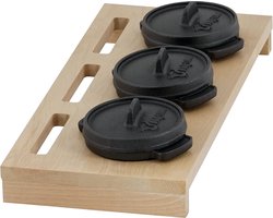 Mini Dutch Oven Set met houten onderlegger, 3 x 11 cm, gietijzeren set van 3 serveerpotten, reeds ingebrand, preseasoned, kookpan, kleine braadpan, gietijzeren pan
