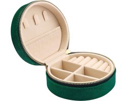 Mini fluwelen reissieradendoosje voor meisjes, een klein opbergdoosje voor damesringen, oorbellen en kettingen, in donkergroen.