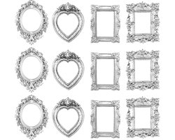 Mini fotolijstjes - 12 Stuks - Vintage fotolijstjes - Kleine frames - Vintage hars fotolijst - Europese Reliëf Foto Frames - Miniatuur Vintage Fotolijstjes - Fotolijst - Fotolijsten - Barokstijl - DIY - Zonder Glas en Achterkant - Zilver