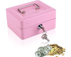 Mini Geldkistje met Slot - Metalen Veiligheids Kistje met 2 Sleutels - Dubbellaags - 5.9 x 4.72 x 2.95in (Roze)