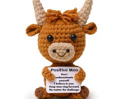 Mini Grappige Hoogland Koe Garenpop met Positieve Kaart - Gehaakte Wol Speelgoed, Emotionele Ondersteuning Cadeau voor Vrienden, Vrouwen & Studenten