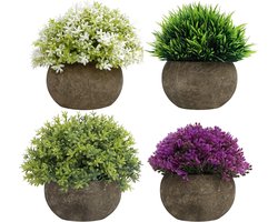 Mini Groen, Paars & Witte Artificiële Faux Pot Planten Set (4 Pak) – Kleine Binnen & Buiten Net Planten – Huis, Kantoor, Badkamer, Keuken Decor, Bureau, Plank & Tafel Groen Decoratie