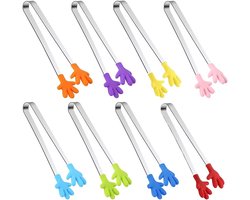 Mini Handtangen Set van 8 Stuks, Silicone en RVS Voedsel Tangen, Kleurrijke Kindertangen voor Koken, Barbecue en Buffet met Antislip Handgreep
