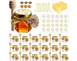 Mini Honingpotjes – 20-Delige Set 42,5 ml – Zeshoekige Glas Potten met Dippers & Gouden Lint – Cadeauset