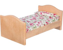 Mini houten poppenbed 1:12 schaal met rozenpatroon beddengoed - Poppenhuis meubels voor kinderkamer decoratie en miniatuur speelgoed