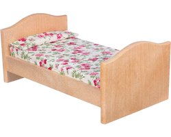 Mini houten poppenbed 1:12 schaal met rozenpatroon beddengoed - poppenhuismeubel voor kinderen, miniatuur inrichting en speelgoed