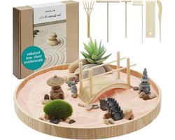 Mini Japanese Zen Garden - Met Stapelbare Stenen - Compleet met Accessoires en Harken Set - Verminder Stress - Ronde Kom met Roze Zand