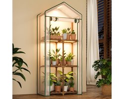 Mini Kas met Groeiverlichting - Plantenrek - 3-Laags - Kweekkas met Groeilampen - Draagbaar Warmtehuis - PE Deksel - Compacte Kas voor Binnen & Buiten - Terras & Balkon - Boho Decoratie - Herbruikbaar - Kweekrek voor Potplanten - Hout