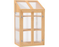 Mini kasje-kleine broeikas met houten frame-raam en dubbele deur-3 schappen-70L x 50B x 120H cm-bruin