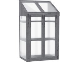 Mini kasje-kleine broeikas met houten frame-raam en dubbele deur-3 schappen-70L x 50B x 120H cm-grijs