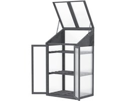 Mini kasje, kleine broeikas met houten frame, raam en dubbele deur, 3 schappen, 70L x 50B x 120H cm, grijs