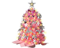 Mini kerstboom met 60 LED String Lights, 60 cm Roze Tafelblad Kerstboom met Strik, Bell, Elk, Zilveren Bessen Decoratie, Kunstmatige Kerstboom voor Thuis Keuken Tafel Decor