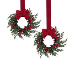 Mini kerstkrans van 25 cm, geschikt voor voordeuren, kunstmatige groene krans versierd met rode bessen en een strik, ook geschikt voor garderobekasten, bruiloften, ramen, muren, huis, interieur, vakantiedecoraties - 2 stuks