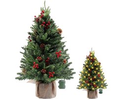 Mini Kunstkerstboom 60 Cm – 50 LED Lampjes – DIY Decoratie Met Ster, Rode Strikken, Dennenappels En Rode Bessen – Pine Tree Voor Huis Keuken Of Eettafel