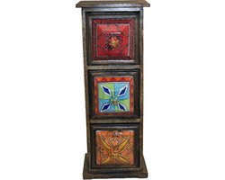 Mini ladekast - Opbergkastje Hout - Decoratieve Opslag - Handgemaakt Keramiek - 55 cm Hoog - Multicolor