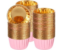 Mini metalen folie cupcake voering voor het bakken van cupcakes, 50 cupcake pannenkoekvoeringen, cupcake houder papier oliebestendig verpakkingspapier, geschikt voor bruiloften, partijen, geschenken, roze/goud