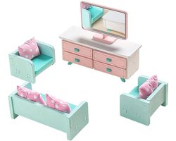 Mini Meubels en Accessoires voor Woonkamer - Set van 10 stuks van Hout met Bank, Tafel, TV en 3 Fauteuils