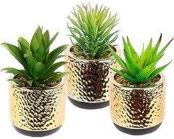 Mini Planten Set - Kunstmatige Vetplanten In Gouden Keramische Pot Met Decoratieve Stenen - Nepplanten Voor Huisdecoratie - Agave Cactussen Succulenten