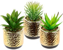 Mini Plantenset-Kunstvetplanten In Goudkleurige Keramische Pot-Decoratieve Stenen-Kunstplanten-Cactussen-Agave-Kamerplant-Decoratie