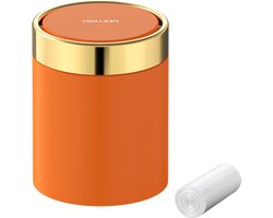 Mini-prullenbak met deksel, kleine bureau-prullenbak, schattige metalen prullenbak voor tafelblad, aanrecht, roestvrij staal, 1,5 liter afvalbak voor kantoor, salon, auto, slaapkamer oranje