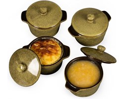 Mini Stoneware Cocottes, 250 ml Ramekins, Souffle Cases with Lid, Set of 4 Small Casserole Dish, Creme Brulee Bowls, Reactive Yellow