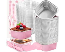 Mini Taartvormpjes - 50 Stuks - 5 oz - Aluminiumfolie - Met Deksel, Lepeltje & Sticker - Roze - Voor Brownie, Cake, Pudding & Pie - Herbruikbaar & Recyclebaar