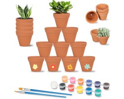 Mini Terracotta Bloempotten Set van 24 Stuks, 12 Kleuren, Inclusief 2 Penseelkwasten, Ideaal voor Creatieve Projecten en Planten, 3 x 3.5 cm met Afvoergat