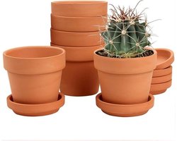 Mini terracotta potten set met onderzetter - 6 stuks bloempotten 10x10 cm - Met afvoergat - Voor kamerplanten en buiten - Huwelijkscadeau - Terracotta pot met dienblad