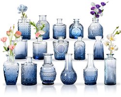 Mini Vazen Set 16 stuks - Verschillende Vormen - Natriumkalkglas - Verloopt Blauw