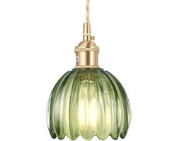 Mini Vintage Hanglamp – Groene Tulpvormige Glazen Kap – Messing Look – Verstelbaar – voor Keukeneiland, Eetkamer en Gang