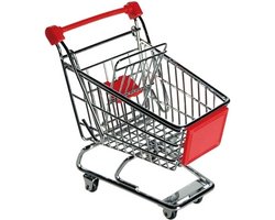 Mini winkelwagentje van metaal - rood/zilver - 14 x 14 cm - verrijdbaar - bureau accessoires