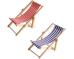Mini Zonnebed Decoratie - 2 Stuks Kleine Strandstoel Decoratie - Houten Mini Decoratie - Miniatuur Strandstoel voor DIY Strand Micro Landschap Decoratie (Blauw)