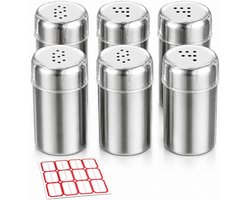 Mini zout- en peperstrooiers set van 6 stuks, roestvrij staal, ideaal voor camping, barbecue en reizen, met etiketten en deksel