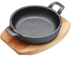 Miniature Cast Iron Casserole with Wooden Serving Board - Oven-Proof Frying Pan for Gratin, Tapas, Curry and Meat - Safe for Induction Cooker - Round Black