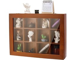 Miniature Shadow Box Display Cabinet met 12 Slots - Vintage Houten Wandplank voor Theesets, Cosmetica en Decoratie - 9.4" x 12.6" Transparante Deksel