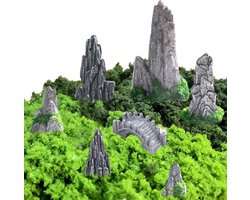 Miniatuur Bergen Decoratie Set van 7 Stukken met Kunstmos en Pincet voor Zen Tuin, Sprookjesachtige Tuinaccessoires en Bonsai DIY Projecten