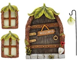 Miniatuur Fairy kabouter Home raam en deur, tuin lichtgevende deuren en ramen van hars, tuindecoratie figuren, standbeelden, tuindecoratie, sculptuur, Huis en Tuin, ornament, lichten op in het donker