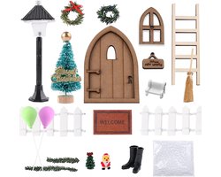 Miniatuur kerstpoppenhuis set - Poppenhuis accessoires & meubilair - Kerst ornamenten - Kabouter decoratie set met laarzen, lantaarn, kerstboom, houten ladder, bezem en muurdecoratie